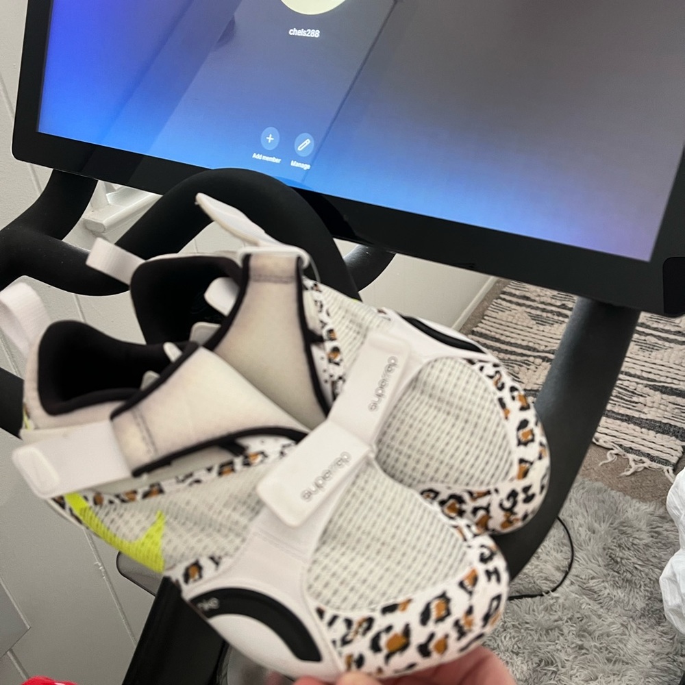 Nike White and Leopard Print cycling clip in peloton shoes